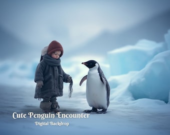 Cute Penguin Encounter Digital Backdrop Arctic Animal Digital Background for Nature and Animal Lover Creative Composite Images