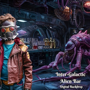 Fondo digital de barra alienígena intergaláctica para imágenes compuestas de ciudad futurista para fondo digital del mundo alienígena de fantasía para viajero espacial