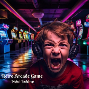 May include: A young boy wearing headphones and a red shirt is in front of a row of retro arcade game cabinets. The arcade cabinets are lit up with colorful lights. The boy is looking at the camera and has a determined expression on his face. The text "Retro Arcade Game - Digital Backdrop" is at the bottom of the image.
