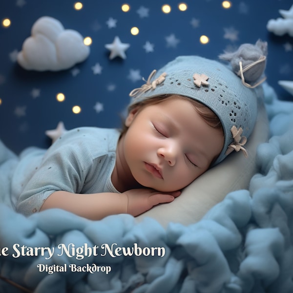 Blue Starry Night Newborn Digital Backdrop for Baby Photoshoot Images Cozy Dream Digital Background for Newborn Creative Composite Images