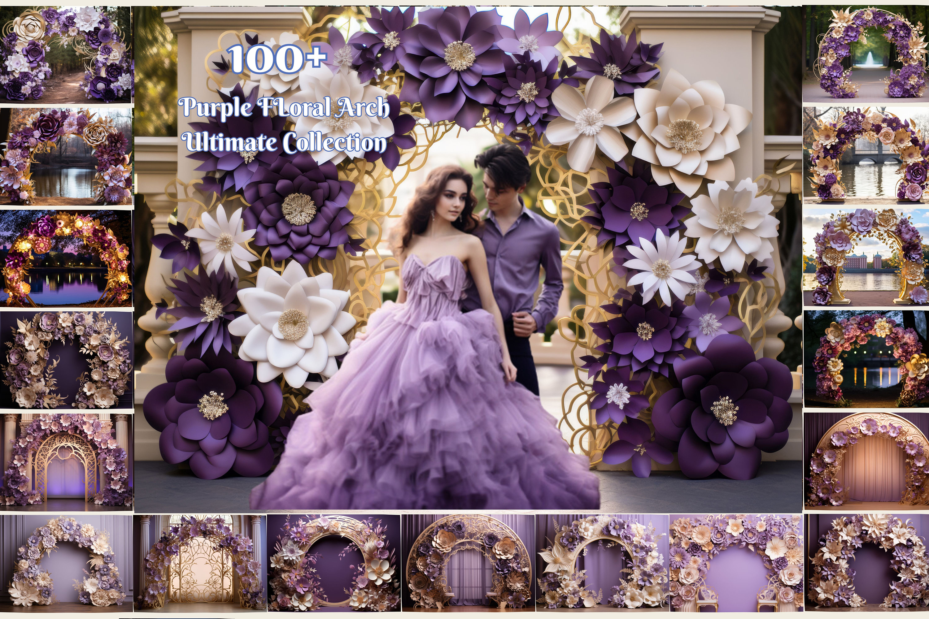 102 Purple Floral Arch Backdrops Purple and gold Photography Background Purple and White Elegant Paper Arch Collection Lavender backdrop