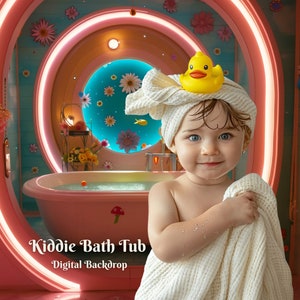 May include: A young child in a white towel, with a yellow rubber duck on their head, smiles at the camera. The child is in a pink and blue bathroom with a white bathtub and a large round window with a blue and green background. The text "Kiddie Bath Tub Digital Backdrop" is visible at the bottom of the image.