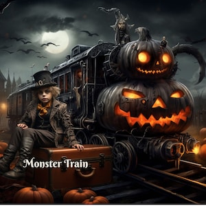 Monster Train Digital Backdrop Halloween Spooky Train Digital Background for Halloween Composite Images Creepy Halloween Photo Background