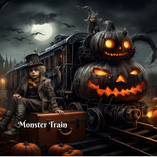 Monster Train Digital Backdrop Halloween Spooky Train Digital Background for Halloween Composite Images Creepy Halloween Photo Background