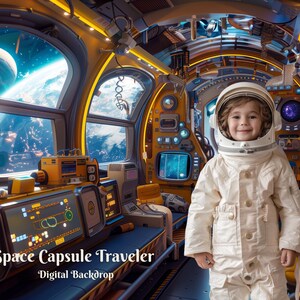 May include: A child dressed in a white astronaut suit with a helmet on, standing in a spaceship interior. The spaceship has a large window with a view of a planet and stars. The text "Space Capsule Traveler - Digital Backdrop" is visible in the image.