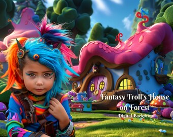 May include: A young girl with bright blue and orange hair sits in front of a whimsical pink and blue house with a mushroom roof. The house is surrounded by green grass and colorful mushrooms. The text "Fantasy Troll's House on Forest - Digital Backdrop" is visible at the bottom of the image.