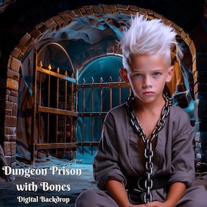 Peut inclure: Un jeune avec des cheveux blancs est assis dans un décor de donjon avec une chaîne autour du cou. Le donjon est sombre et a un mur de pierre et une porte en métal. Le texte "Dungeon Prison with Bones" est en bas de l'image. "Digital Backdrop" est sous le texte.