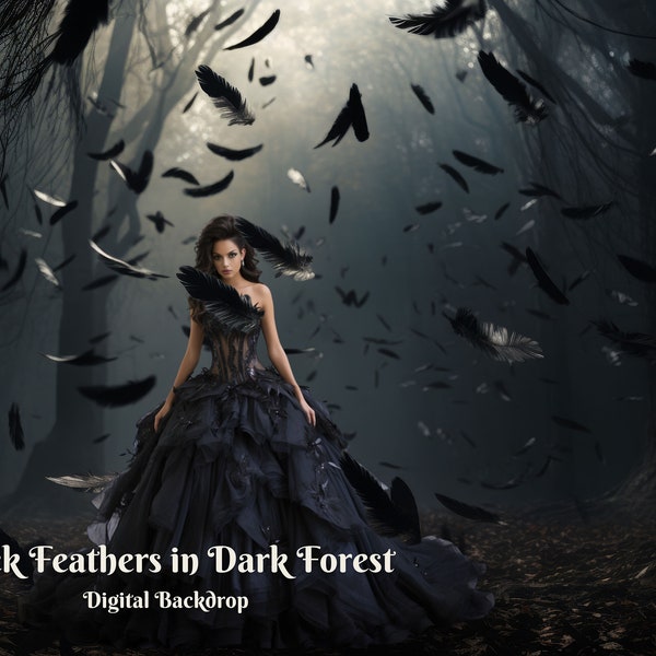 Black Feathers in Dark Forest Digital Backdrop Black Forest Digital Background for Crow Feathers Composite Images Gothic Photo Background