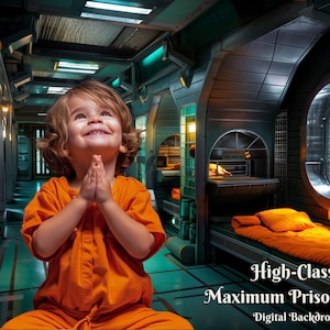 Peut inclure: Un jeune enfant portant une combinaison orange se tient dans un décor de prison futuriste. L'enfant lève les yeux et a les mains jointes en prière. L'arrière-plan présente un lit superposé en métal avec une literie orange et une grande fenêtre en métal.