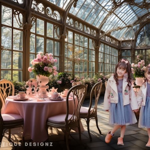 Fondo digital de fiesta de té en una casa de cristal Fondo de configuración de té rosa Hermoso fondo digital de invernadero Fondos de niña pequeña