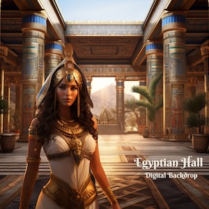 May include: A woman wearing a gold headpiece and white dress stands in a grand, ornate hall with gold columns and a patterned floor. The hall has a high ceiling and a view of a distant landscape. The text "Egyptian Hall Digital Backdrop" is at the bottom of the image.