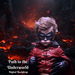 Könnte beinhalten: Ein junges Kind in einem Superhelden-Kostüm steht in einer dunklen, feurigen Unterwelt. Der Hintergrund ist ein Pfad aus glühenden roten Lavasteinen. Der Text "Path to the Underworld" befindet sich am unteren Rand des Bildes.