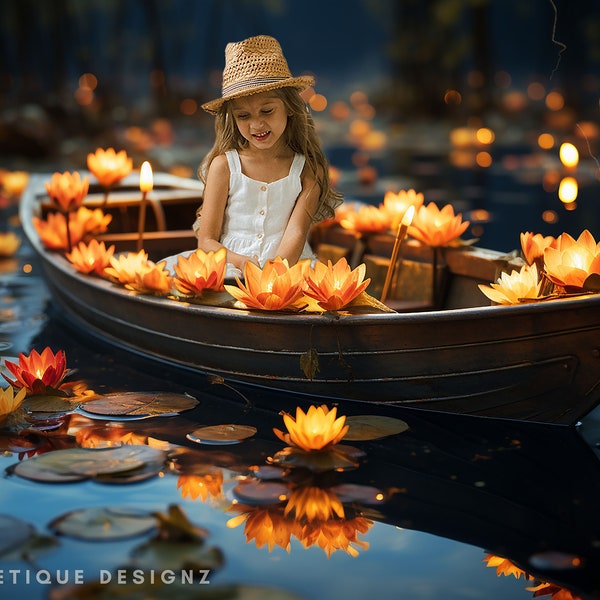 Boat with Floating Flower Candles Digital Backdrop Magical Photo Background Floral Lantern Photoshop Magical Boat Digital Background