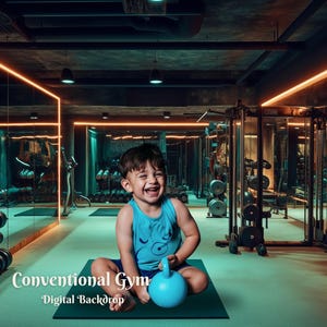 Puede incluir: Un niño pequeño con una camisa azul se sienta en una colchoneta verde en un gimnasio. Está sosteniendo una pesa rusa azul y sonriendo. El gimnasio tiene espejos, equipo de levantamiento de pesas y un letrero que dice "Conventional Gym - Digital Backdrop".