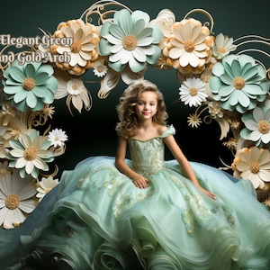 Green Floral Arch Backdrop Green and Gold Digital Backdrop Green Flower Arch Pre-Wedding Photography Background  Light  Green Floral Arch