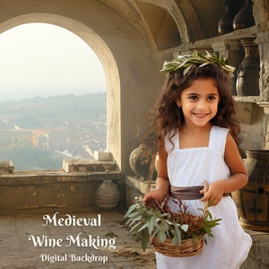 May include: A young girl in a white dress with a brown sash holds a basket of greenery. She is standing in a medieval wine cellar with a view of a city through a stone archway. The text "Medieval Wine Making Digital Backdrop" is at the bottom of the image.