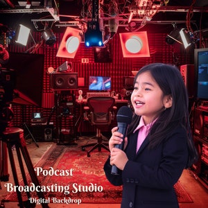 May include: A young person wearing a black blazer and pink shirt holds a microphone in a red podcast studio. The studio features soundproofing panels, a camera on a tripod, and a computer monitor displaying audio mixing software. The text "Podcast Broadcasting Studio" is visible in the image.