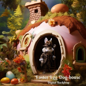May include: A whimsical Easter egg-shaped doghouse with a pink and brown exterior, a green moss roof, and a small window. A rabbit wearing a brown jacket, a top hat, and a cane stands in the doorway. The text "Easter Egg Dog-house" and "Digital Backdrop" is visible below the doghouse.