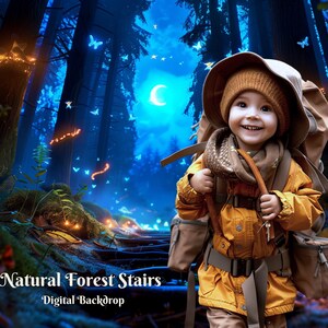 Może przedstawiać: Małe dziecko w żółtej kurtce i brązowym kapeluszu idzie po schodach w magicznym lesie. Las jest pełen świecących świateł i motyli. Dziecko niesie plecak.