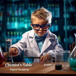 May include: A young scientist in a white lab coat and glasses stirs a blue liquid in a beaker. The table is filled with various beakers and flasks, some containing colorful liquids. The background is a blurry image of a laboratory with shelves of bottles.