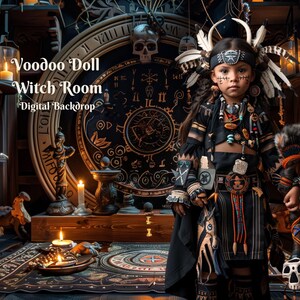 May include: A young person wearing a black and brown costume with feathers and beads, standing in front of a dark, mystical backdrop with candles, a clock, and other decorative elements. The text "Voodoo Doll Witch Room - Digital Backdrop" is visible at the top of the image.