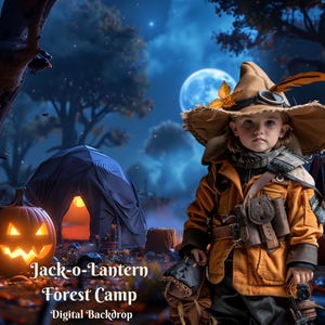 May include: A young person dressed in a brown and orange costume with a large brown hat and goggles stands in a dark forest setting. The person is holding a bag and is surrounded by jack-o-lanterns. The text "Jack-o-Lantern Forest Camp Digital Backdrop" is at the bottom of the image.