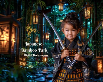May include: A young person wearing a black and gold kimono holds two toy swords in a bamboo forest setting. The background features glowing lanterns and bamboo stalks. The text "Japanese Bamboo Park Digital Backdrop" is visible at the bottom of the image.