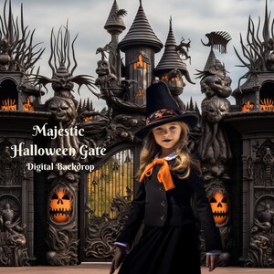 May include: A young girl dressed in a black witch costume stands in front of a large, ornate, black metal gate. The gate is decorated with pumpkins, skulls, and other Halloween-themed imagery. The gate is shaped like a castle with towers and spires. The text "Majestic Halloween Gate Digital Backdrop" is visible on the gate.