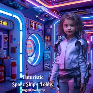 May include: A young girl wearing a light blue jacket stands in a futuristic space ship lobby. The lobby has neon blue and pink lights, and the walls are white with silver accents. The text "Futuristic Space Ship's Lobby" is written in the lower center of the image.
