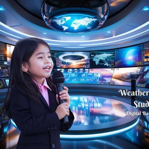 Puede incluir: Una persona joven con un traje negro y una camisa rosa se encuentra frente a un set de estudio de noticias de aspecto futurista. Está sosteniendo un micrófono y hablando en él. El fondo presenta múltiples pantallas que muestran varias imágenes, incluyendo un mapa del mundo y datos meteorológicos. El texto "Weatherman's Studio - Digital Backdrop" es visible en la parte inferior de la imagen.