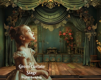 Green Curtain Mini Stage Digital Backdrop Classical Performance Theater Background  for Old Stage Creative Images for Performer Platform