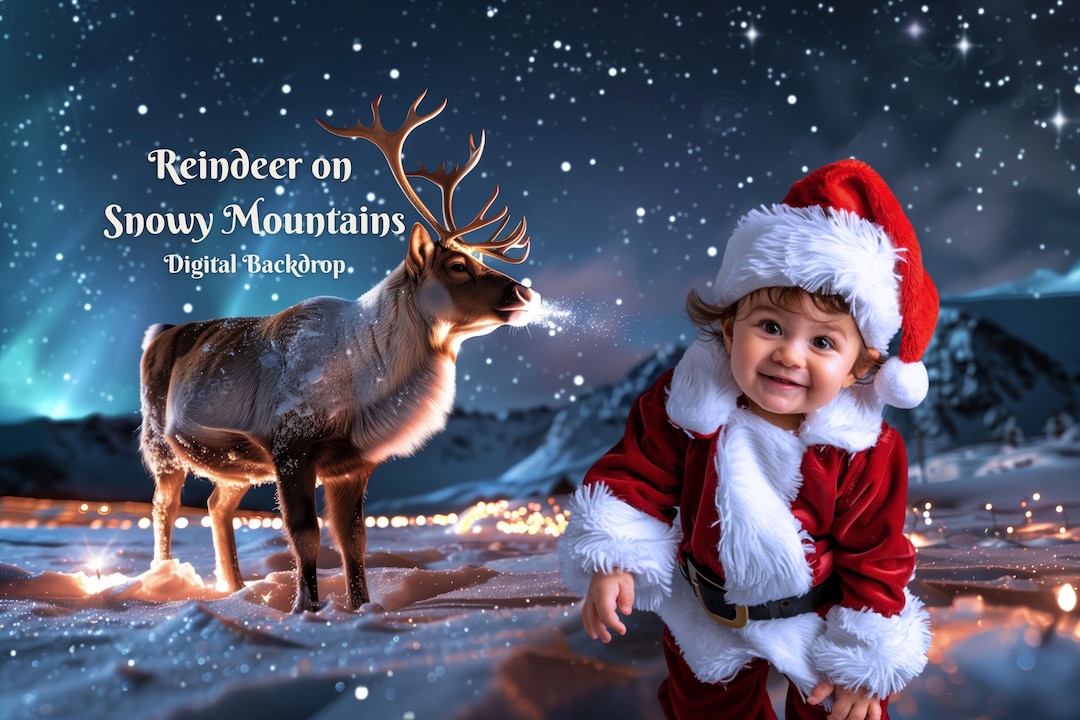 Winter Rudolf Reindeer on Snowy Mountains in Digital Backdrop Rudolf the Reindeer ...