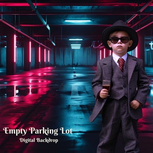 May include: A young person wearing a gray suit, black fedora, and sunglasses stands in an empty parking lot with neon pink and blue lights. The text "Empty Parking Lot - Digital Backdrop" is at the bottom of the image.