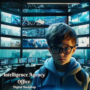 May include: A young boy wearing glasses stands in front of a wall of computer monitors displaying various images. The monitors are in a room that looks like an intelligence agency office. The text "Intelligence Agency Office" and "Digital Backdrop" is at the bottom of the image.