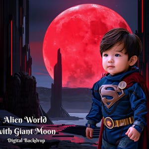 May include: A digital backdrop featuring a child dressed as Superman in a blue and red costume, set against an alien world with a giant red moon. The backdrop includes the text "Alien World with Giant Moon Digital Backdrop".