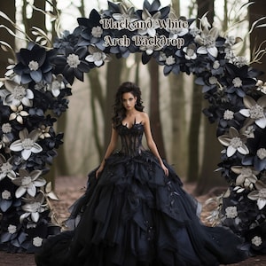 Black Floral Arch Backdrop Black and Silver Digital Backdrop Black Theme Pre-Wedding Photography Background  Black and White Outdoor Arch