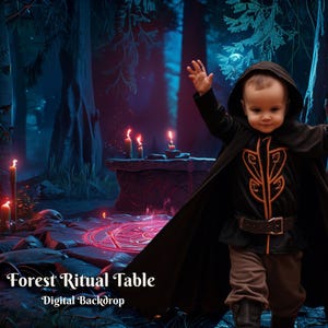 May include: A child wearing a black hooded robe with an orange design stands in a dark forest setting. The child is surrounded by glowing red candles and a stone table. The text "Forest Ritual Table - Digital Backdrop" is at the bottom of the image.