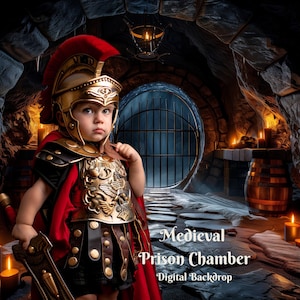 Peut inclure: Un jeune enfant habillé en soldat romain se tient dans un donjon sombre et de pierre. L'enfant porte un costume rouge et or avec un casque et une épée. Le donjon est éclairé par des bougies et possède une arche en pierre et une porte barrée.