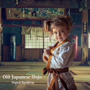 May include: A young girl in a white karate uniform with an orange belt stands in a traditional Japanese dojo. The dojo has wooden floors, tatami mats, and hanging punching bags. The walls are decorated with Japanese characters and calligraphy.