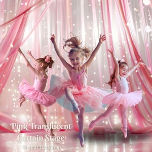 May include: Three young girls wearing pink tutus and white leotards dance in front of a pink translucent curtain backdrop. The backdrop has a sparkling effect with white lights.