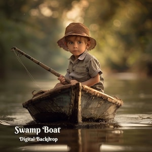 May include: A young boy wearing a brown hat sits in a wooden boat on a still body of water. He is holding a fishing rod and looking off to the side. The background is a blurred green forest.