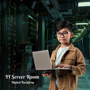 May include: A young person wearing glasses and a brown jacket stands in a server room, holding a laptop computer. The server room is filled with rows of black server racks with blinking lights. The text "IT Server Room - Digital Backdrop" is at the bottom of the image.