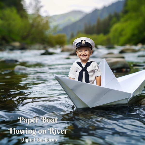 Paper Boat Flowing on River Digital Backdrop for  Kid's Fun Photography Backgrounds Origami Boat Overlay for Creative Composite Images