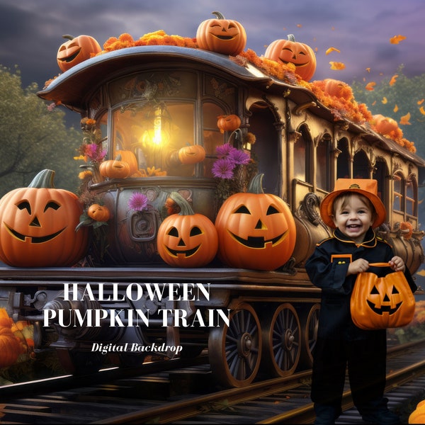 Halloween Pumpkin Train Digital Backdrop Halloween Kids Photography Background for Composite Images for Kids Allhallows Eve Background