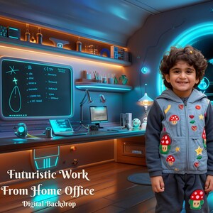 May include: A young person wearing a blue jacket with mushroom and star appliques stands in front of a futuristic home office backdrop. The text "Futuristic Work From Home Office Digital Backdrop" is displayed at the bottom of the image.