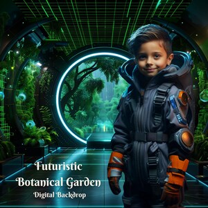 May include: A young person wearing a futuristic blue jumpsuit with orange accents stands in a green and blue botanical garden. The garden is surrounded by a glowing blue ring and a grid of green lights. The text "Futuristic Botanical Garden" and "Digital Backdrop" is visible at the bottom of the image.