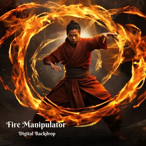 May include: A person in a red and orange robe is surrounded by a ring of fire. The person is in a fighting stance with their arms outstretched. The background is dark and smoky.