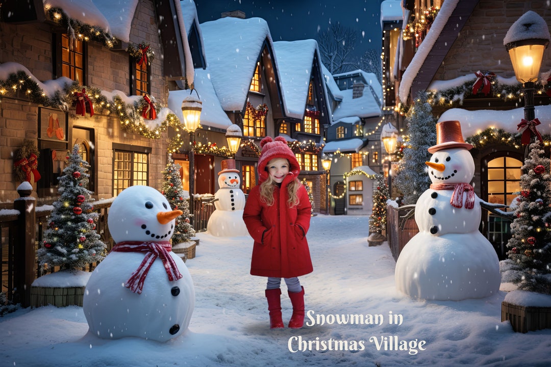 Snowman in Beautiful Christmas Village Digital Backdrop Winter ...