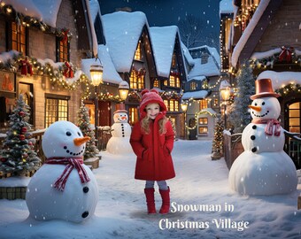 Snowman in Beautiful Christmas Village Digital Backdrop Winter Wonderland Digital Background for Christmas Composite Image Winter Fantasy