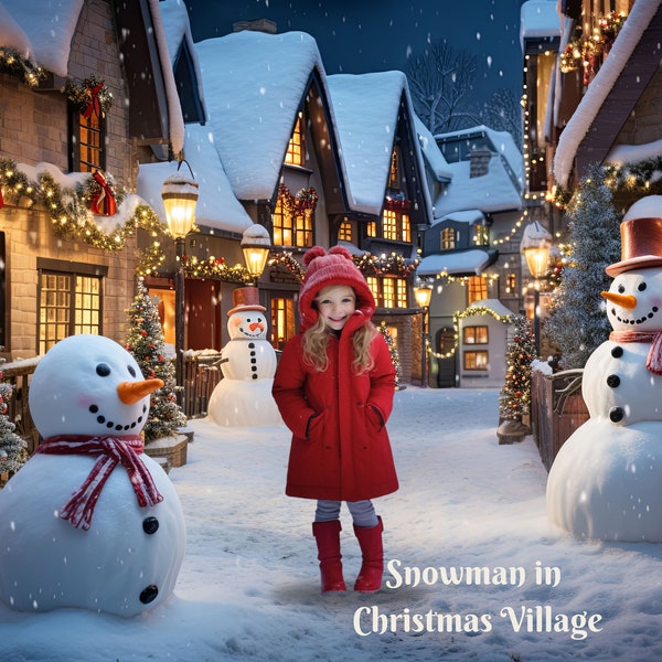 Bonhomme de neige dans un beau village de Noël Toile de fond numérique Winter Wonderland Fond numérique pour Noël Image composite Fantaisie hivernale